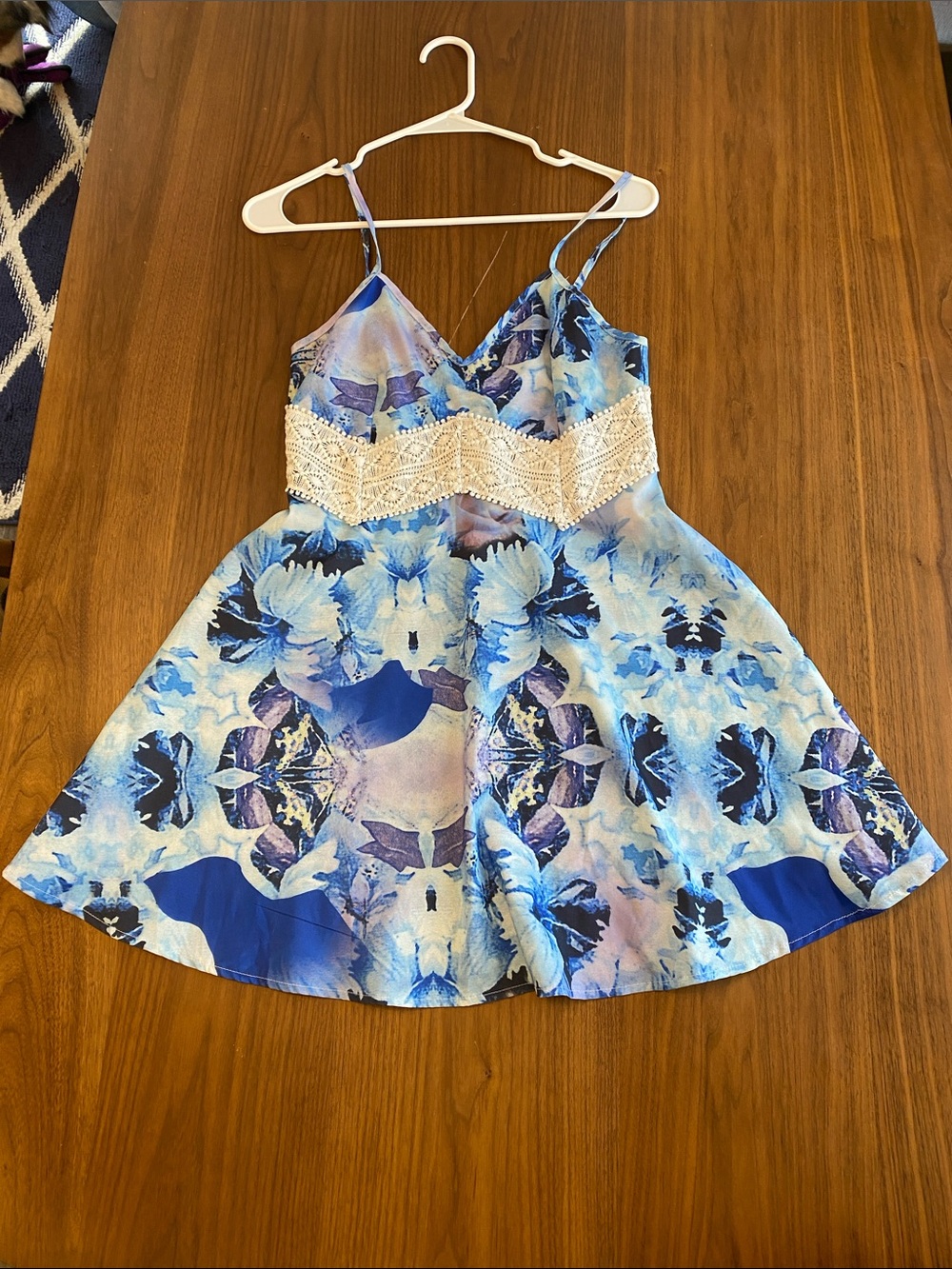 SHEIN Blue Floral Lace-Trim A-Line Sundress